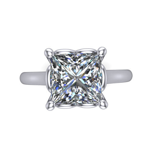 Nevaeh princess solitaire engagement ring in 14K White Gold with plain band and heart gallery, top-down view of the four-prong center and plain band