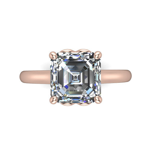 Nevaeh asscher solitaire engagement ring in 18K Rose Gold with plain band and heart gallery, top-down view of the four-prong center and plain band