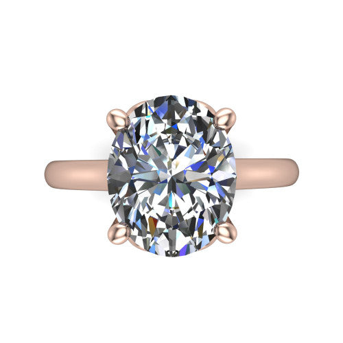Nevaeh oval solitaire engagement ring in 18K Rose Gold with plain band and heart gallery, top-down view of the four-prong center and plain band