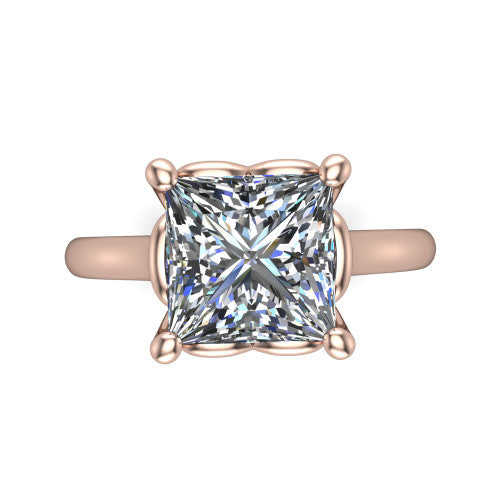 Nevaeh princess solitaire engagement ring in 14K Rose Gold with plain band and heart gallery, top-down view of the four-prong center and plain band