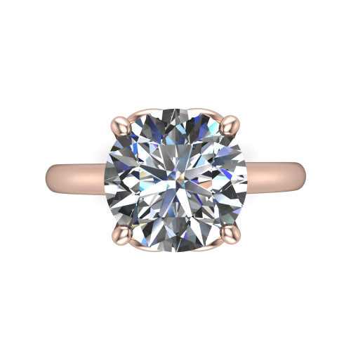 Nevaeh round solitaire engagement ring in 18K Rose Gold with plain band and heart gallery, top-down view of the four-prong center and plain band