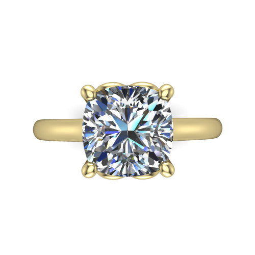 Nevaeh cushion solitaire engagement ring in 14K Yellow Gold with plain band and heart gallery, top-down view of the four-prong center and plain band