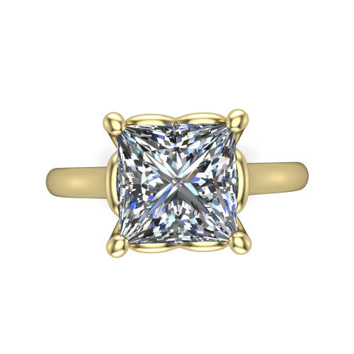 Nevaeh princess solitaire engagement ring in 18K Yellow Gold with plain band and heart gallery, top-down view of the four-prong center and plain band