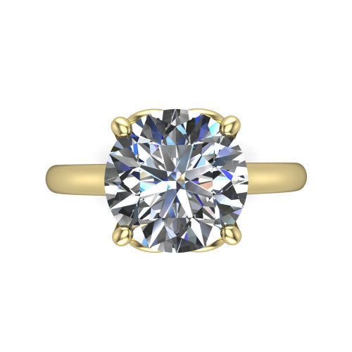 Nevaeh round solitaire engagement ring in 18K Yellow Gold with plain band and heart gallery, top-down view of the four-prong center and plain band