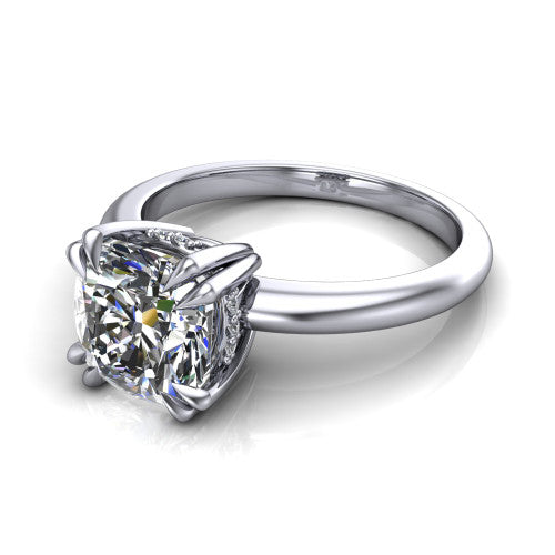 Lilian cushion hidden halo engagement ring in 14K White Gold with double-prong head and plain band, three-quarter perspective view