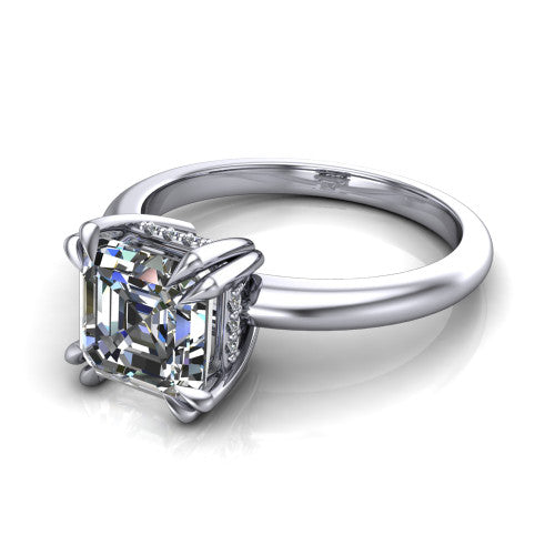 Lilian asscher hidden halo engagement ring in 14K White Gold with double-prong head and plain band, three-quarter perspective view