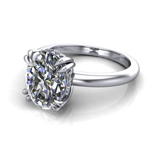 Lilian oval hidden halo engagement ring in 14K White Gold with double-prong head and plain band, three-quarter perspective view