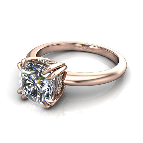 Lilian cushion hidden halo engagement ring in 14K Rose Gold with double-prong head and plain band, three-quarter perspective view