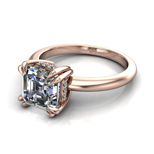 Lilian asscher hidden halo engagement ring in 14K Rose Gold with double-prong head and plain band, three-quarter perspective view