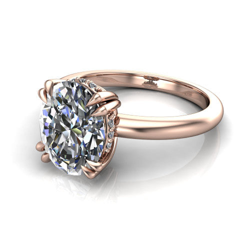 Lilian oval hidden halo engagement ring in 18K Rose Gold with double-prong head and plain band, three-quarter perspective view