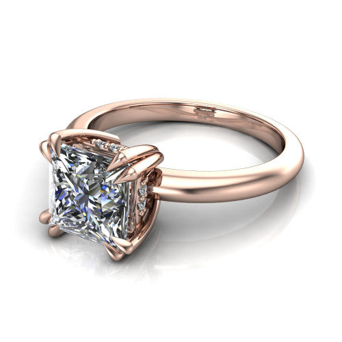 Lilian princess hidden halo engagement ring in 18K Rose Gold with double-prong head and plain band, three-quarter perspective view