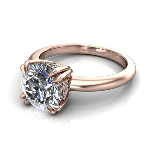 Lilian round hidden halo engagement ring in 14K Rose Gold with double-prong head and plain band, three-quarter perspective view