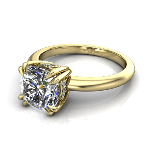 Lilian cushion hidden halo engagement ring in 14K Yellow Gold with double-prong head and plain band, three-quarter perspective view