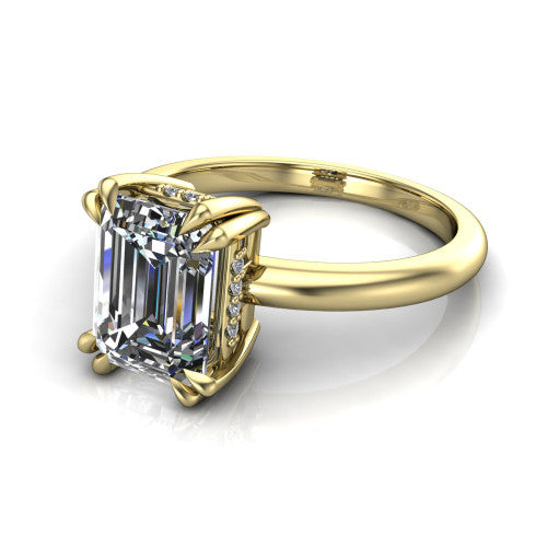 Lilian emerald hidden halo engagement ring in 18K Yellow Gold with double-prong head and plain band, three-quarter perspective view