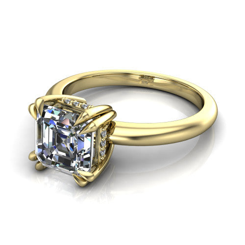 Lilian asscher hidden halo engagement ring in 14K Yellow Gold with double-prong head and plain band, three-quarter perspective view