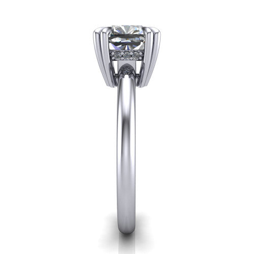 Lilian cushion hidden halo engagement ring in 14K White Gold with double-prong head and plain band, side profile showing the hidden halo basket and plain band