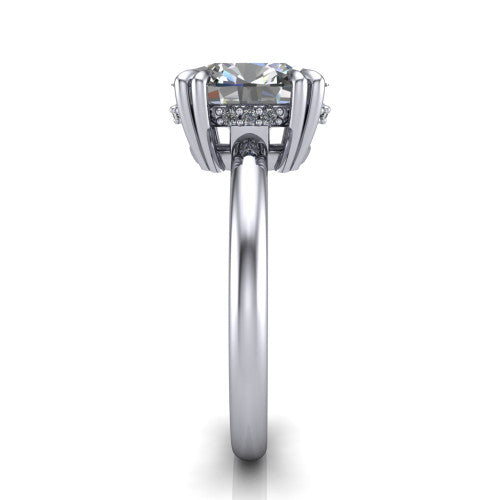 Lilian oval hidden halo engagement ring in 14K White Gold with double-prong head and plain band, side profile showing the hidden halo basket and plain band