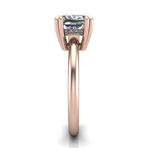 Lilian cushion hidden halo engagement ring in 14K Rose Gold with double-prong head and plain band, side profile showing the hidden halo basket and plain band