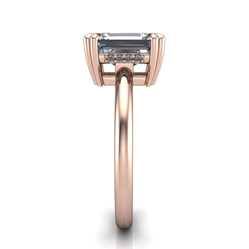 Lilian emerald hidden halo engagement ring in 18K Rose Gold with double-prong head and plain band, side profile showing the hidden halo basket and plain band