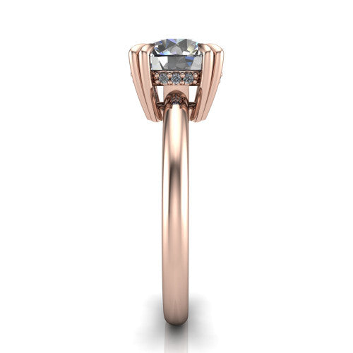 Lilian round hidden halo engagement ring in 14K Rose Gold with double-prong head and plain band, side profile showing the hidden halo basket and plain band