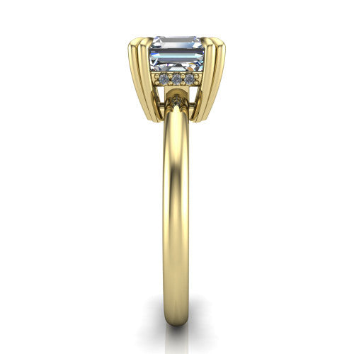 Lilian asscher hidden halo engagement ring in 18K Yellow Gold with double-prong head and plain band, side profile showing the hidden halo basket and plain band