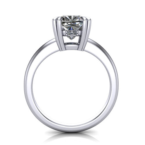 Lilian cushion hidden halo engagement ring in 14K White Gold with double-prong head and plain band, through-finger front profile revealing the hidden halo collar