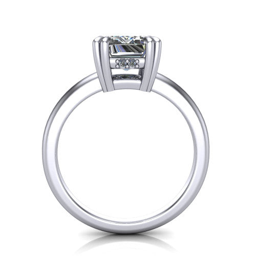 Lilian emerald hidden halo engagement ring in 14K White Gold with double-prong head and plain band, through-finger front profile revealing the hidden halo collar
