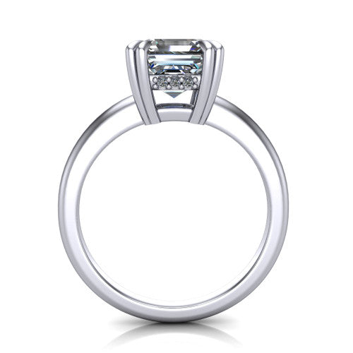 Lilian asscher hidden halo engagement ring in Platinum with double-prong head and plain band, through-finger front profile revealing the hidden halo collar