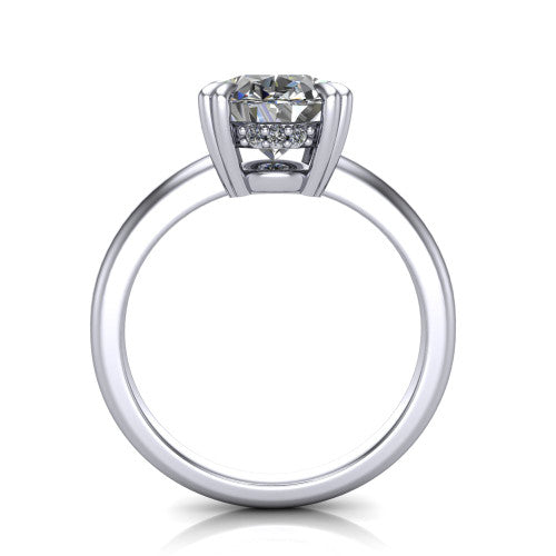 Lilian oval hidden halo engagement ring in 18K White Gold with double-prong head and plain band, through-finger front profile revealing the hidden halo collar