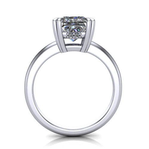 Lilian princess hidden halo engagement ring in 18K White Gold with double-prong head and plain band, through-finger front profile revealing the hidden halo collar