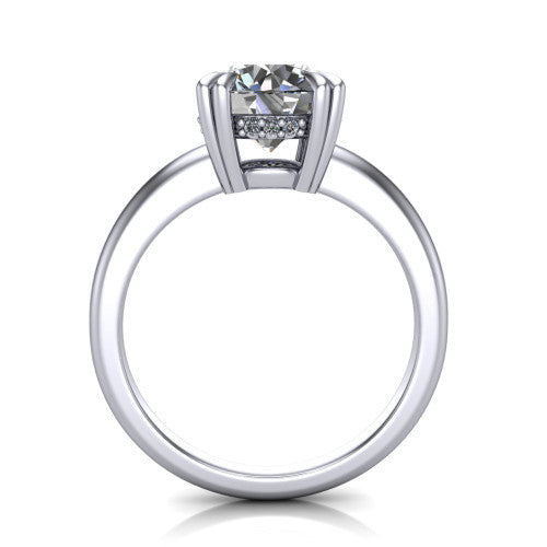 Lilian round hidden halo engagement ring in 14K White Gold with double-prong head and plain band, through-finger front profile revealing the hidden halo collar
