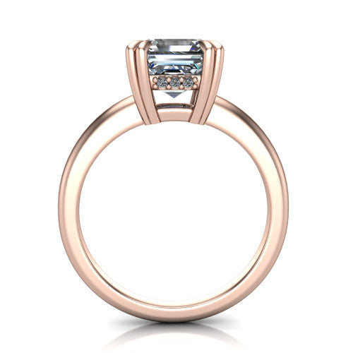 Lilian asscher hidden halo engagement ring in 14K Rose Gold with double-prong head and plain band, through-finger front profile revealing the hidden halo collar