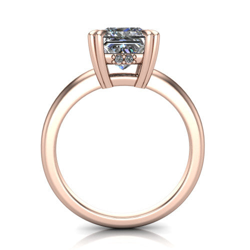 Lilian princess hidden halo engagement ring in 18K Rose Gold with double-prong head and plain band, through-finger front profile revealing the hidden halo collar