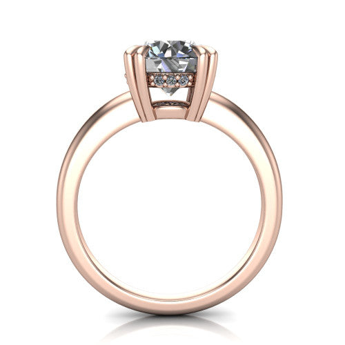 Lilian round hidden halo engagement ring in 14K Rose Gold with double-prong head and plain band, through-finger front profile revealing the hidden halo collar