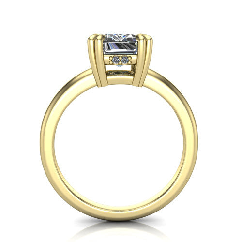 Lilian emerald hidden halo engagement ring in 14K Yellow Gold with double-prong head and plain band, through-finger front profile revealing the hidden halo collar