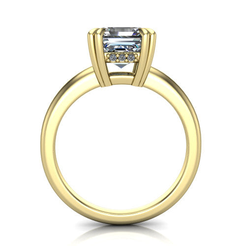 Lilian asscher hidden halo engagement ring in 18K Yellow Gold with double-prong head and plain band, through-finger front profile revealing the hidden halo collar