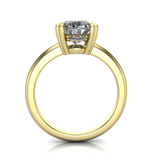 Lilian oval hidden halo engagement ring in 14K Yellow Gold with double-prong head and plain band, through-finger front profile revealing the hidden halo collar