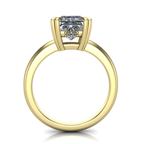 Lilian princess hidden halo engagement ring in 14K Yellow Gold with double-prong head and plain band, through-finger front profile revealing the hidden halo collar