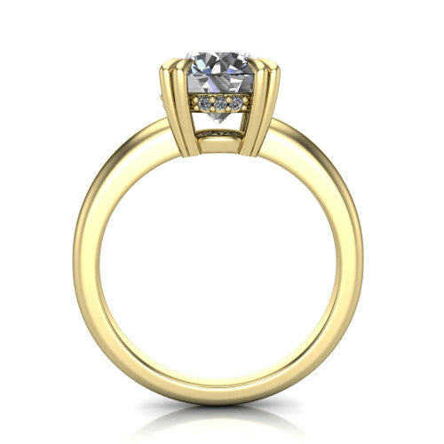 Lilian round hidden halo engagement ring in 18K Yellow Gold with double-prong head and plain band, through-finger front profile revealing the hidden halo collar