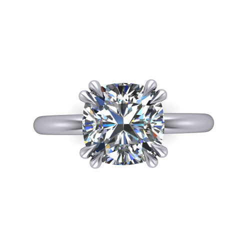 Lilian cushion hidden halo engagement ring in Platinum with double-prong head and plain band, top-down view showing the double-prong corners and clean solitaire profile