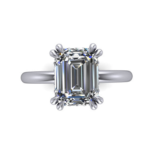 Lilian emerald hidden halo engagement ring in 18K White Gold with double-prong head and plain band, top-down view showing the double-prong corners and clean solitaire profile