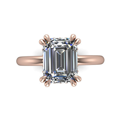 Lilian emerald hidden halo engagement ring in 18K Rose Gold with double-prong head and plain band, top-down view showing the double-prong corners and clean solitaire profile