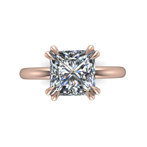 Lilian princess hidden halo engagement ring in 14K Rose Gold with double-prong head and plain band, top-down view showing the double-prong corners and clean solitaire profile