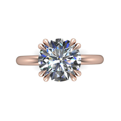 Lilian round hidden halo engagement ring in 14K Rose Gold with double-prong head and plain band, top-down view showing the double-prong corners and clean solitaire profile