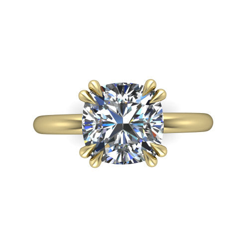 Lilian cushion hidden halo engagement ring in 14K Yellow Gold with double-prong head and plain band, top-down view showing the double-prong corners and clean solitaire profile