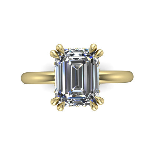 Lilian emerald hidden halo engagement ring in 14K Yellow Gold with double-prong head and plain band, top-down view showing the double-prong corners and clean solitaire profile