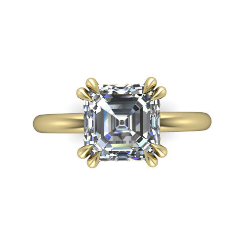 Lilian asscher hidden halo engagement ring in 18K Yellow Gold with double-prong head and plain band, top-down view showing the double-prong corners and clean solitaire profile