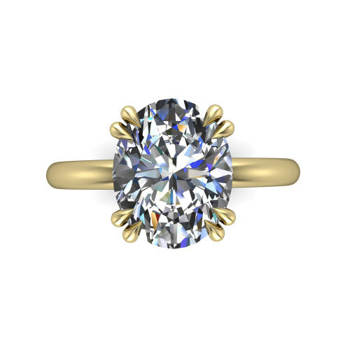Lilian oval hidden halo engagement ring in 18K Yellow Gold with double-prong head and plain band, top-down view showing the double-prong corners and clean solitaire profile