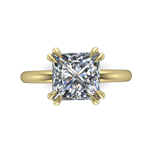 Lilian princess hidden halo engagement ring in 18K Yellow Gold with double-prong head and plain band, top-down view showing the double-prong corners and clean solitaire profile