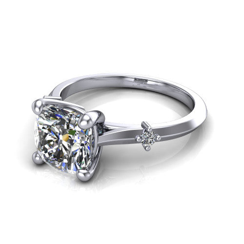 Raelynn cushion accent engagement ring in 18K White Gold with kite-set geometric side stones, three-quarter perspective view